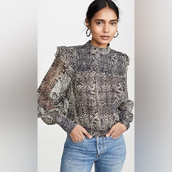 Free People Tops - Free People Roma Gray Snake Print Smocked Crepe High Neck Ruffle Sleeve Blouse S